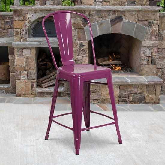 Commercial Grade 24" High Purple Metal Indoor-Outdoor Counter Height Stool with Back