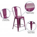 Commercial Grade 24" High Purple Metal Indoor-Outdoor Counter Height Stool with Back