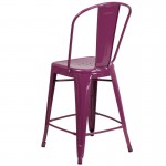 Commercial Grade 24" High Purple Metal Indoor-Outdoor Counter Height Stool with Back