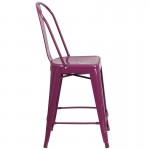 Commercial Grade 24" High Purple Metal Indoor-Outdoor Counter Height Stool with Back