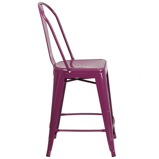 Commercial Grade 24" High Purple Metal Indoor-Outdoor Counter Height Stool with Back