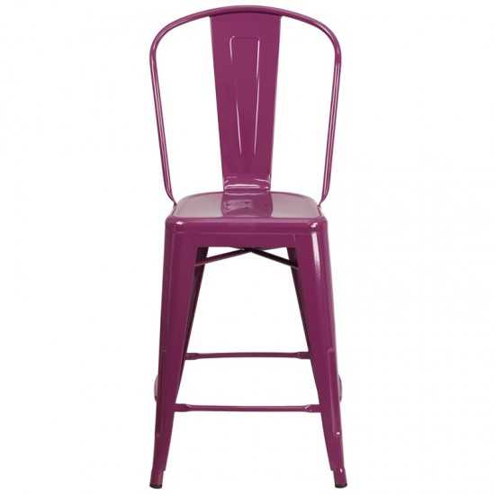 Commercial Grade 24" High Purple Metal Indoor-Outdoor Counter Height Stool with Back