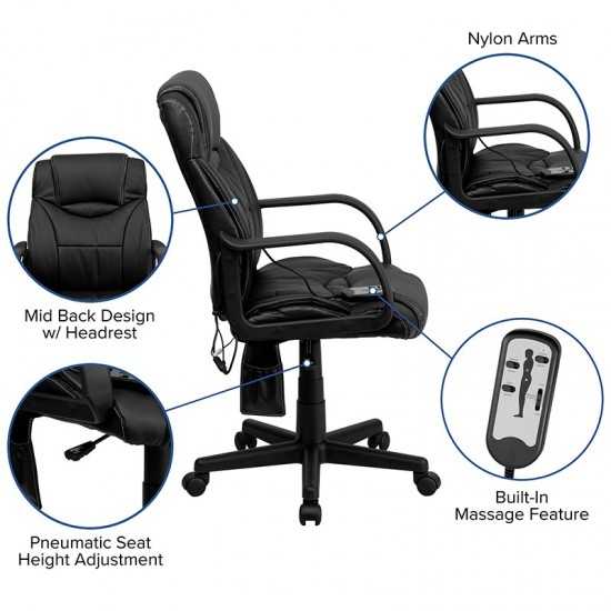 Mid-Back Ergonomic Massaging Black LeatherSoft Executive Swivel Office Chair with Arms