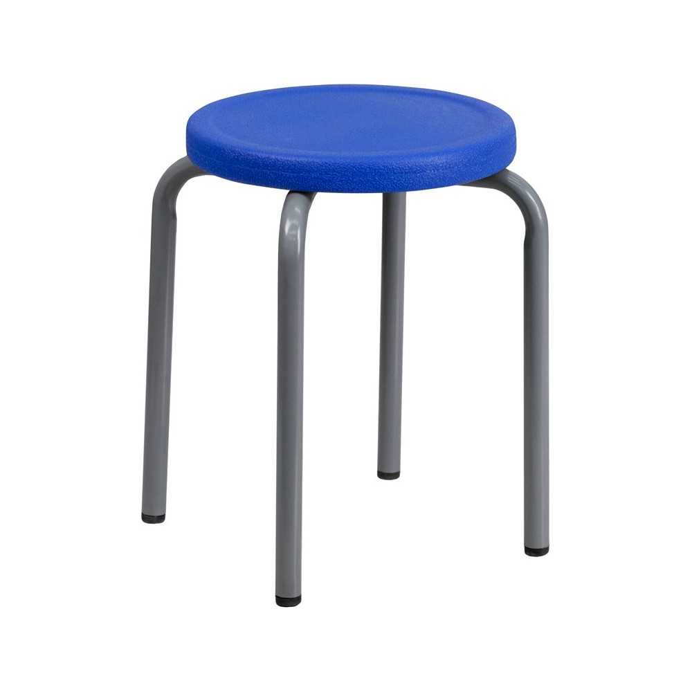 Stackable Stool with Blue Seat and Silver Powder Coated Frame