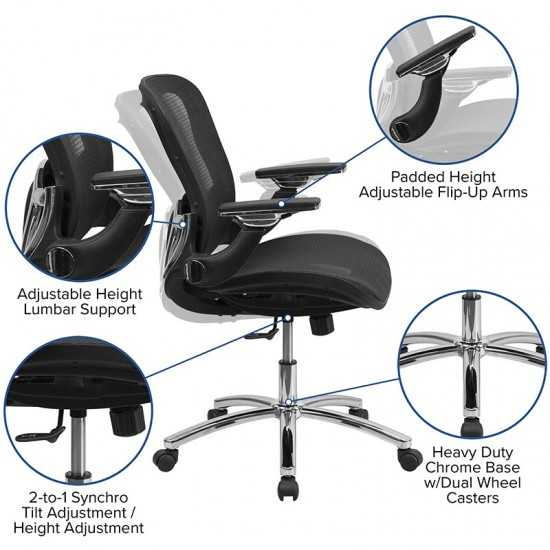 Mid-Back Transparent Black Mesh Executive Swivel Ergonomic Office Chair with Synchro-Tilt & Height Adjustable Flip-Up Arms