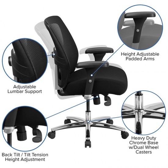 24/7 Intensive Use Big & Tall 500 lb. Rated Black Mesh Executive Ergonomic Office Chair with Ratchet Back