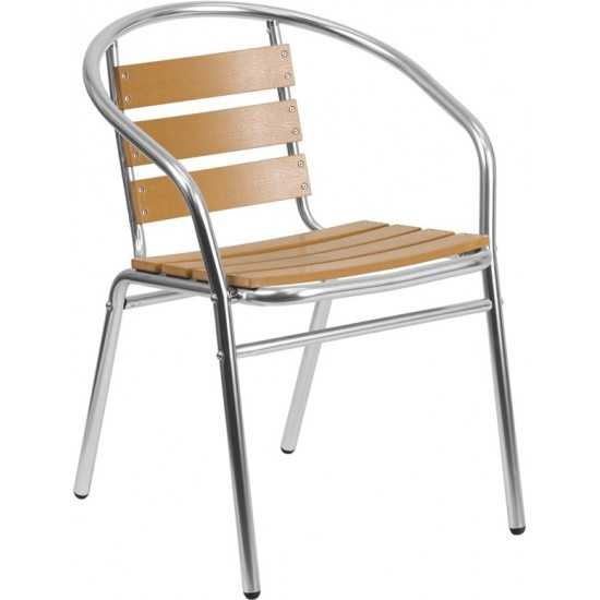 Commercial Aluminum Indoor-Outdoor Restaurant Stack Chair with Triple Slat Faux Teak Back