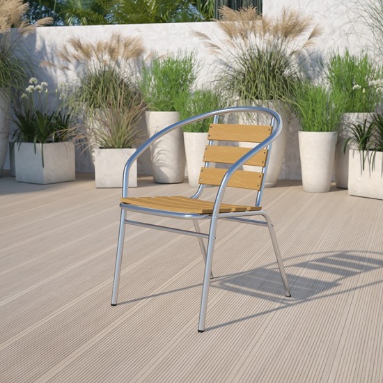 Commercial Aluminum Indoor-Outdoor Restaurant Stack Chair with Triple Slat Faux Teak Back