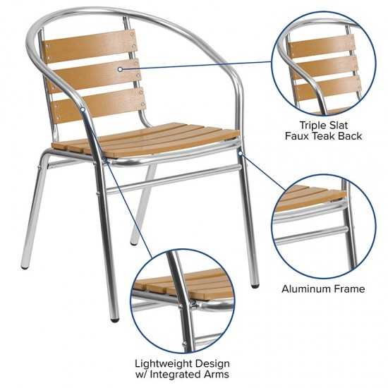 Commercial Aluminum Indoor-Outdoor Restaurant Stack Chair with Triple Slat Faux Teak Back