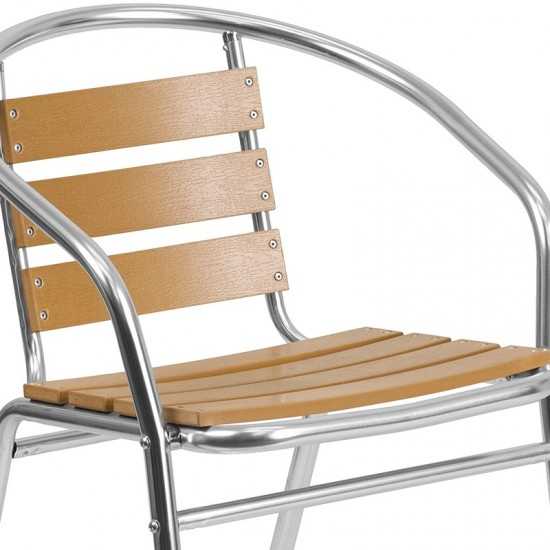 Commercial Aluminum Indoor-Outdoor Restaurant Stack Chair with Triple Slat Faux Teak Back