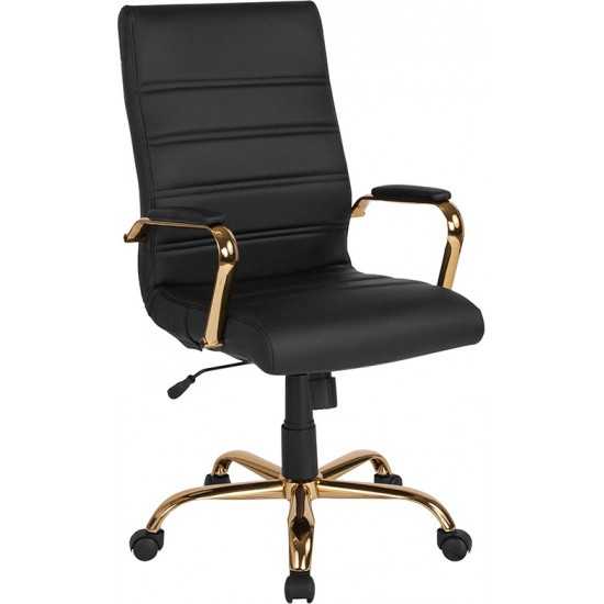 High Back Black LeatherSoft Executive Swivel Office Chair with Gold Frame and Arms