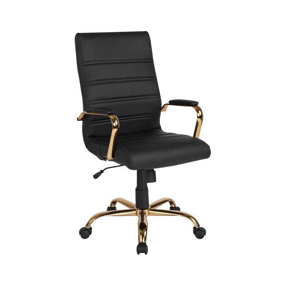 High Back Black LeatherSoft Executive Swivel Office Chair with Gold Frame and Arms