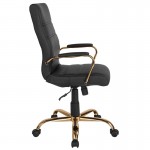 High Back Black LeatherSoft Executive Swivel Office Chair with Gold Frame and Arms