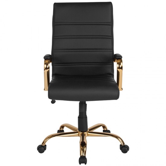 High Back Black LeatherSoft Executive Swivel Office Chair with Gold Frame and Arms