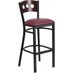 Black 3 Circle Back Metal Restaurant Barstool - Walnut Wood Back, Burgundy Vinyl Seat