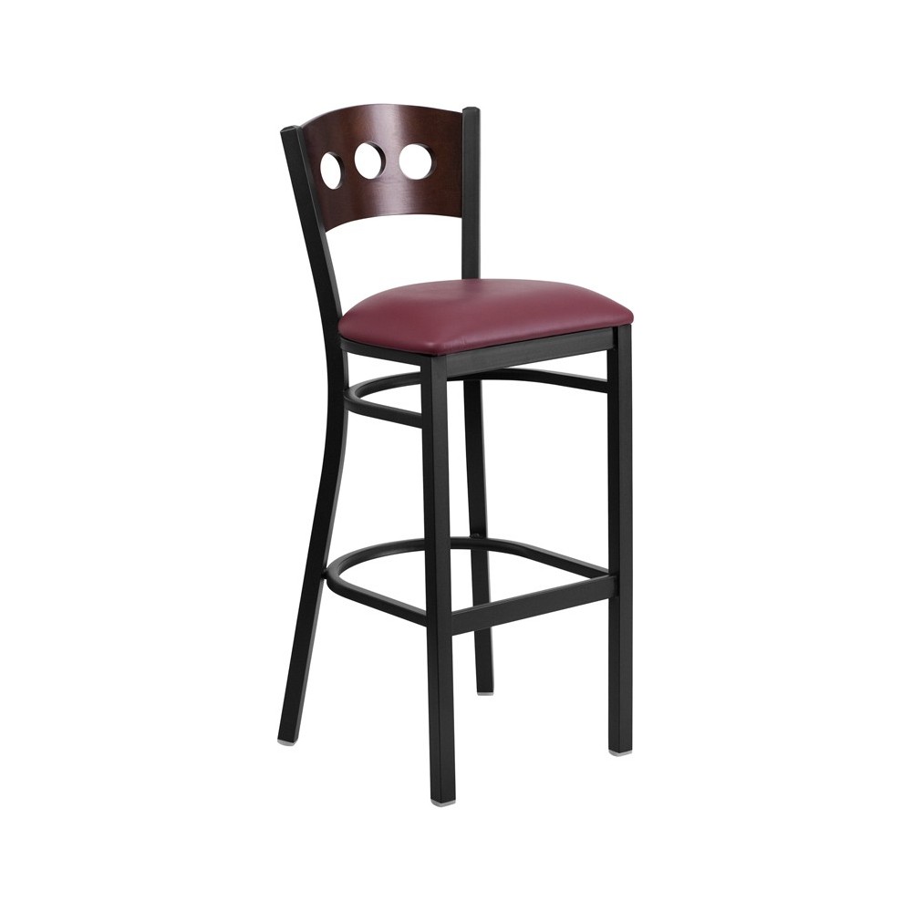 Black 3 Circle Back Metal Restaurant Barstool - Walnut Wood Back, Burgundy Vinyl Seat