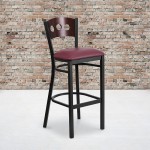 Black 3 Circle Back Metal Restaurant Barstool - Walnut Wood Back, Burgundy Vinyl Seat