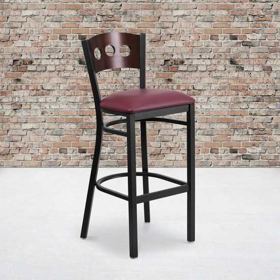 Black 3 Circle Back Metal Restaurant Barstool - Walnut Wood Back, Burgundy Vinyl Seat