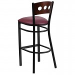 Black 3 Circle Back Metal Restaurant Barstool - Walnut Wood Back, Burgundy Vinyl Seat