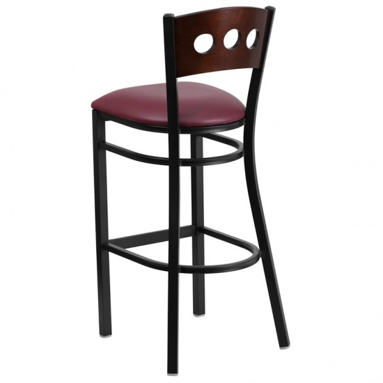 Black 3 Circle Back Metal Restaurant Barstool - Walnut Wood Back, Burgundy Vinyl Seat