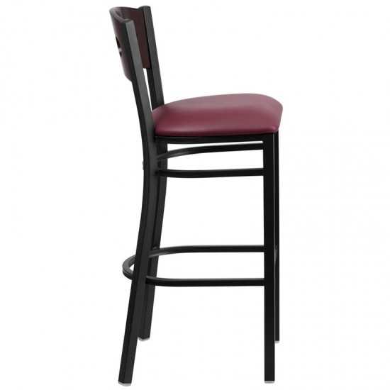 Black 3 Circle Back Metal Restaurant Barstool - Walnut Wood Back, Burgundy Vinyl Seat