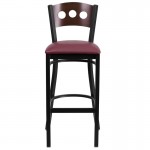 Black 3 Circle Back Metal Restaurant Barstool - Walnut Wood Back, Burgundy Vinyl Seat