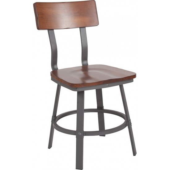 Flint Series Rustic Walnut Restaurant Chair with Wood Seat & Back and Gray Powder Coat Frame