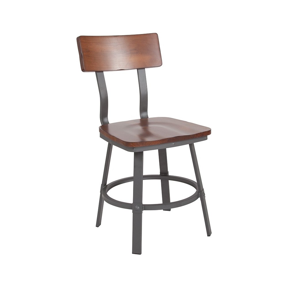 Flint Series Rustic Walnut Restaurant Chair with Wood Seat & Back and Gray Powder Coat Frame