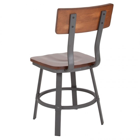 Flint Series Rustic Walnut Restaurant Chair with Wood Seat & Back and Gray Powder Coat Frame