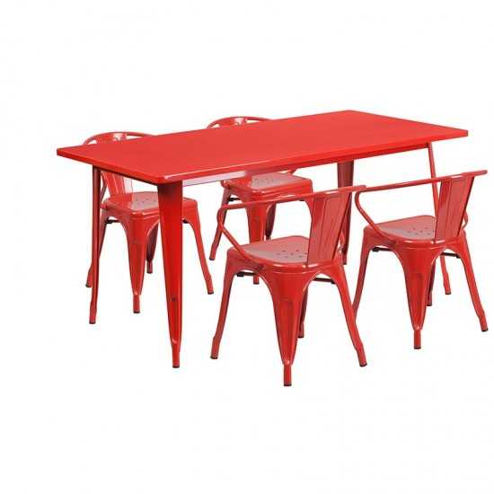 Commercial Grade 31.5" x 63" Rectangular Red Metal Indoor-Outdoor Table Set with 4 Arm Chairs