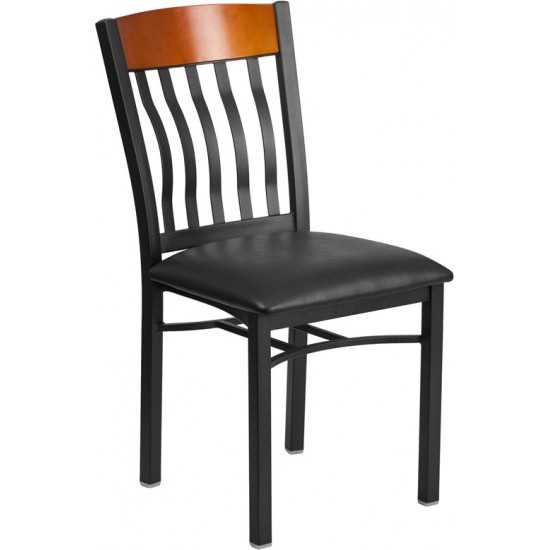 Eclipse Series Vertical Back Black Metal and Cherry Wood Restaurant Chair with Black Vinyl Seat