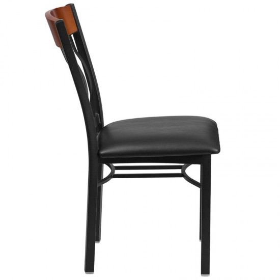 Eclipse Series Vertical Back Black Metal and Cherry Wood Restaurant Chair with Black Vinyl Seat