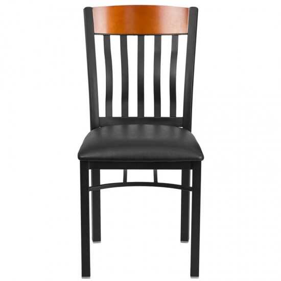 Eclipse Series Vertical Back Black Metal and Cherry Wood Restaurant Chair with Black Vinyl Seat