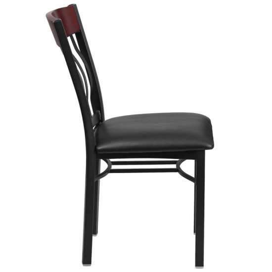 Eclipse Series Vertical Back Black Metal and Mahogany Wood Restaurant Chair with Black Vinyl Seat