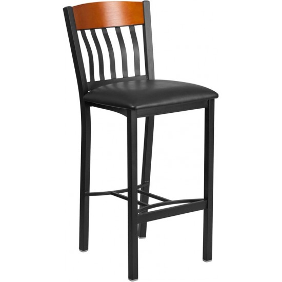 Eclipse Series Vertical Back Black Metal and Cherry Wood Restaurant Barstool with Black Vinyl Seat