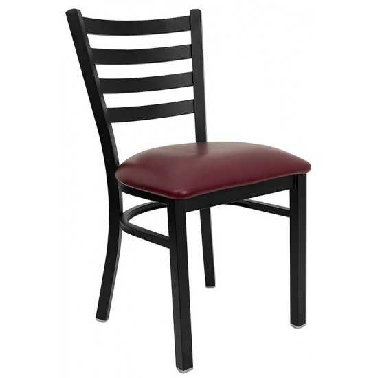 Black Ladder Back Metal Restaurant Chair - Burgundy Vinyl Seat