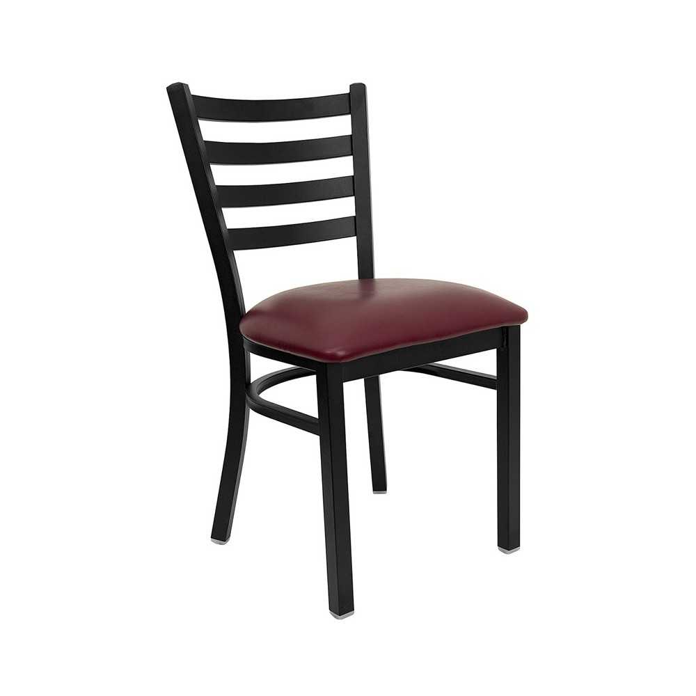 Black Ladder Back Metal Restaurant Chair - Burgundy Vinyl Seat