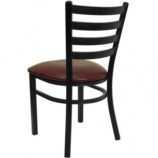 Black Ladder Back Metal Restaurant Chair - Burgundy Vinyl Seat