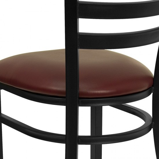 Black Ladder Back Metal Restaurant Chair - Burgundy Vinyl Seat