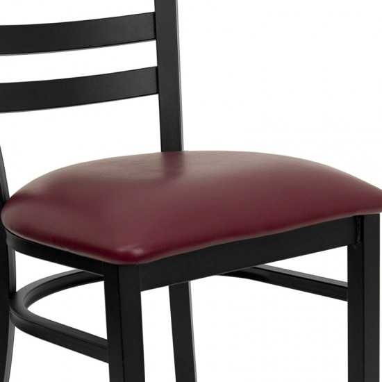 Black Ladder Back Metal Restaurant Chair - Burgundy Vinyl Seat