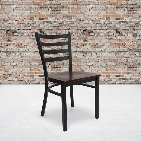 Black Ladder Back Metal Restaurant Chair - Mahogany Wood Seat