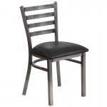 Clear Coated Ladder Back Metal Restaurant Chair - Black Vinyl Seat