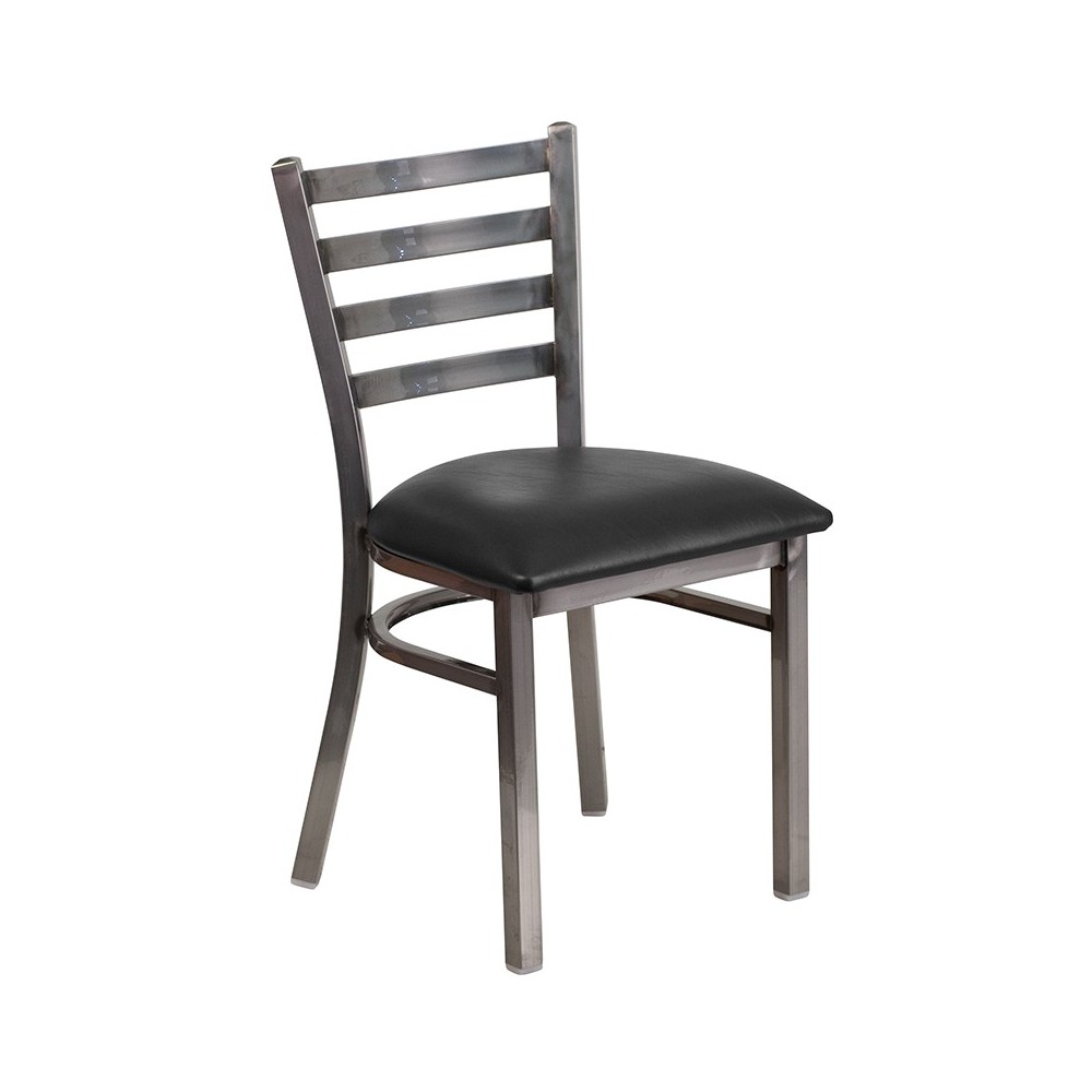 Clear Coated Ladder Back Metal Restaurant Chair - Black Vinyl Seat