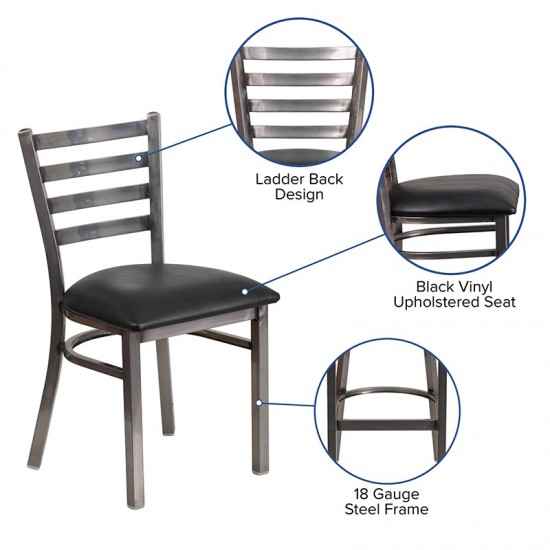 Clear Coated Ladder Back Metal Restaurant Chair - Black Vinyl Seat