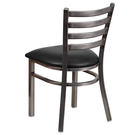 Clear Coated Ladder Back Metal Restaurant Chair - Black Vinyl Seat