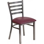 Clear Coated Ladder Back Metal Restaurant Chair - Burgundy Vinyl Seat