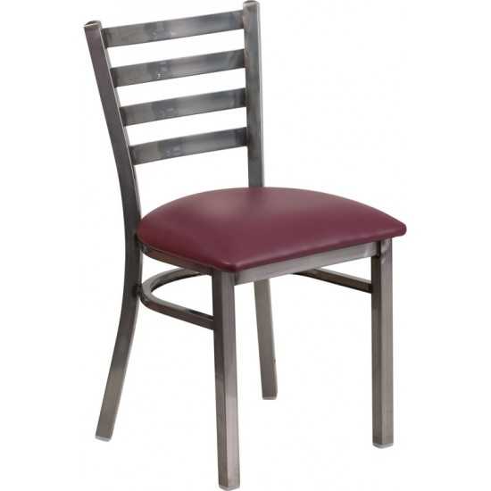 Clear Coated Ladder Back Metal Restaurant Chair - Burgundy Vinyl Seat