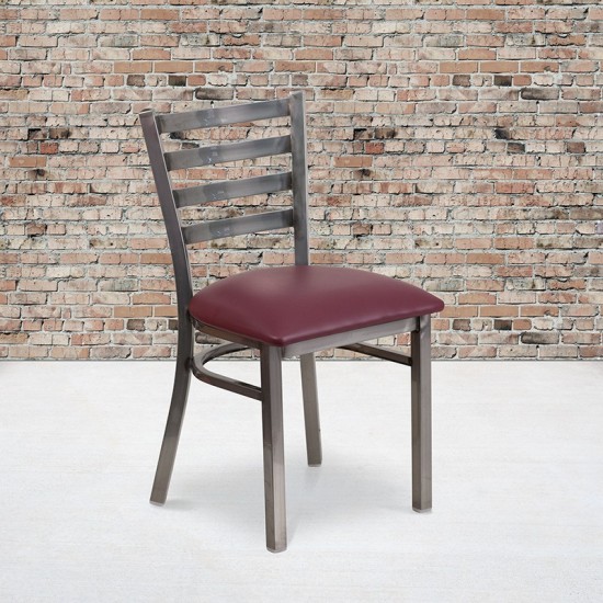 Clear Coated Ladder Back Metal Restaurant Chair - Burgundy Vinyl Seat
