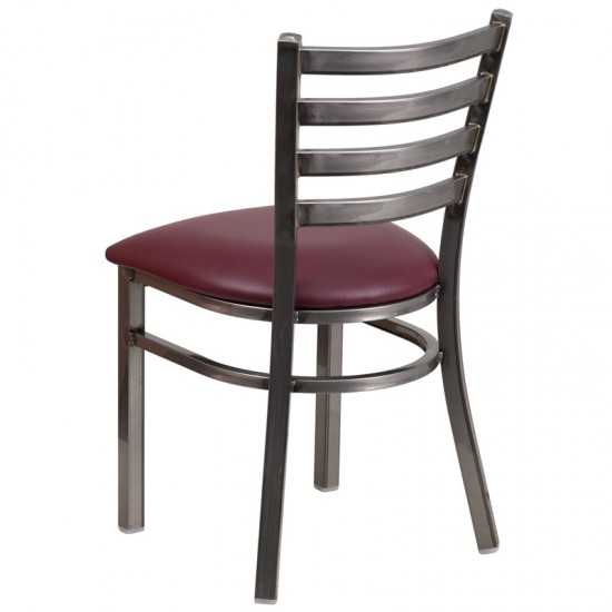 Clear Coated Ladder Back Metal Restaurant Chair - Burgundy Vinyl Seat