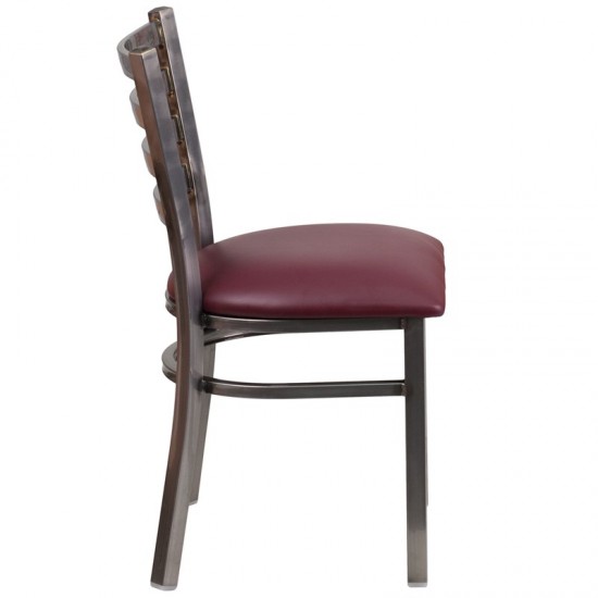 Clear Coated Ladder Back Metal Restaurant Chair - Burgundy Vinyl Seat